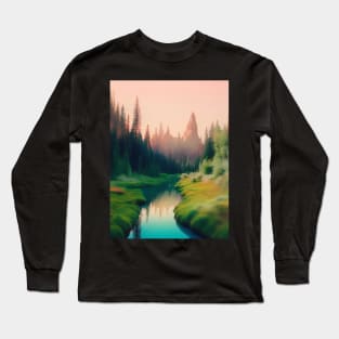 AI Generated Art Scenery - Lush Green Forest Mountains In The Back And River Long Sleeve T-Shirt